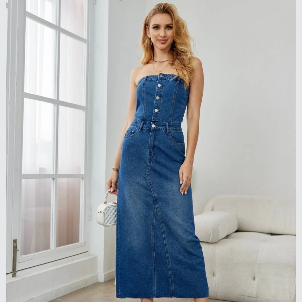 Strapless Button-Front Maxi Denim Dress - Blue